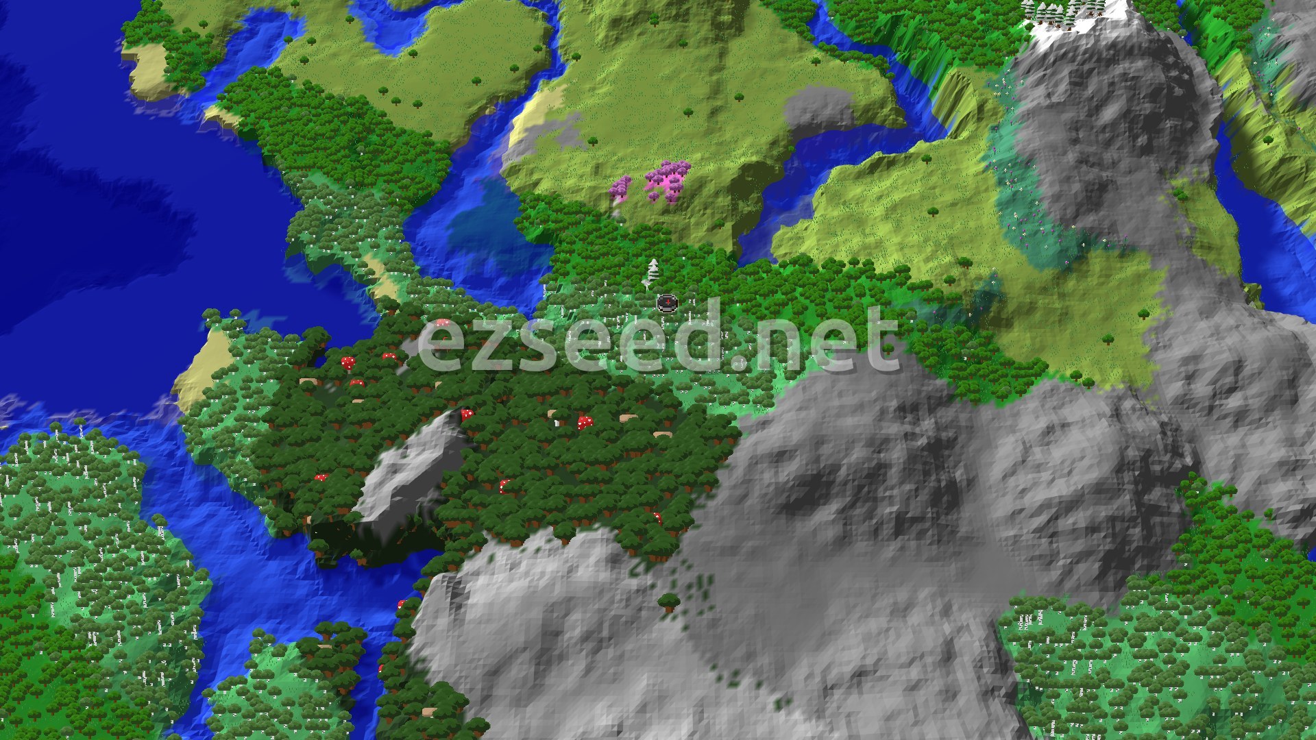 A 3D fly-over of a varied landscape with dense forests, water bodies, and a few mountainous areas. A small spawn marker is visible in the central forest.
