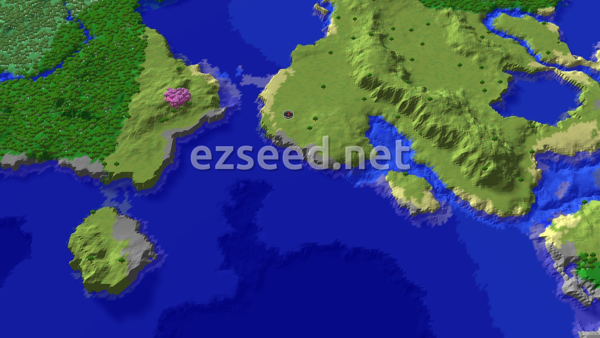 A 3D overhead view shows a large landmass with a dark spawn marker in a grassy plains biome. To the left is a dense green forest, and a distinct pink cherry grove. The land is surrounded by blue ocean with scattered islands.