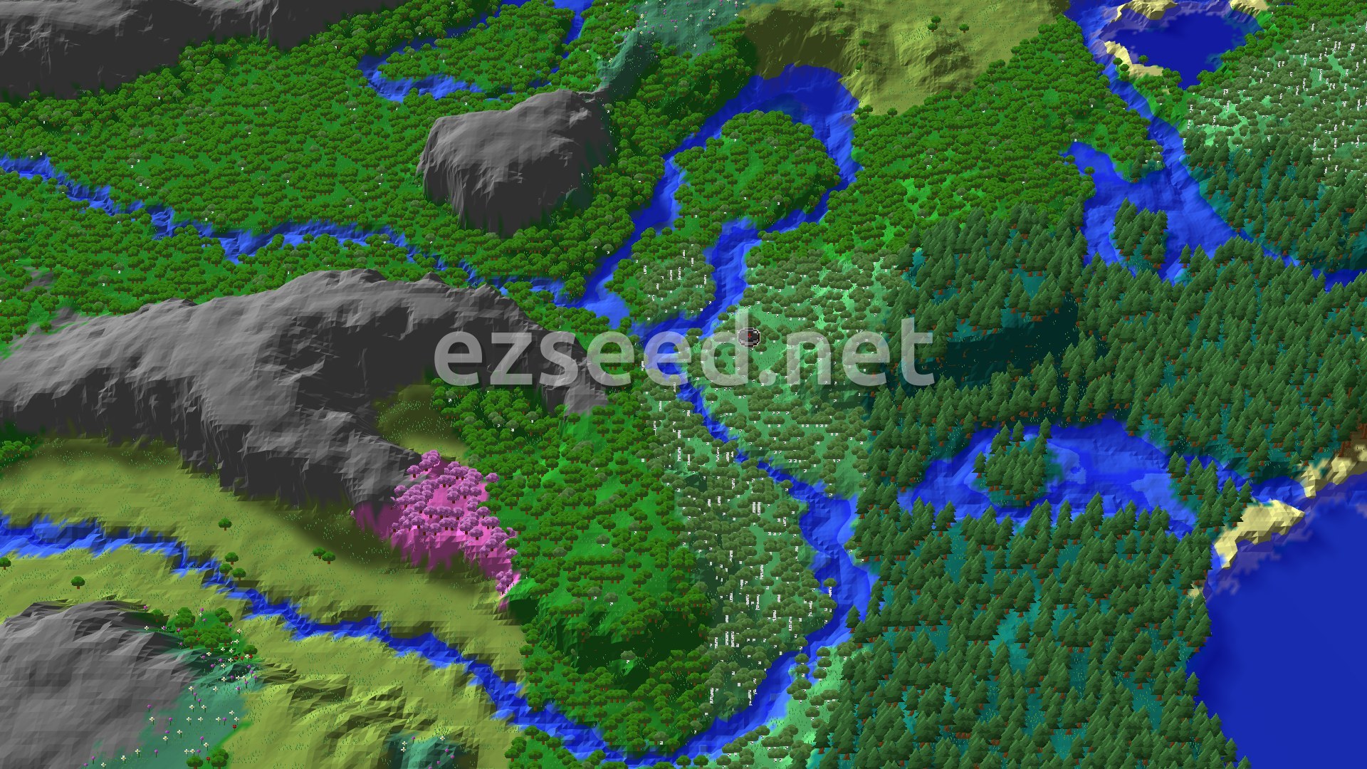 An aerial view of varied biomes, including a dense green forest, winding blue rivers, a patch of pink cherry trees, and some grey mountain terrain, with a small spawn marker in the center.