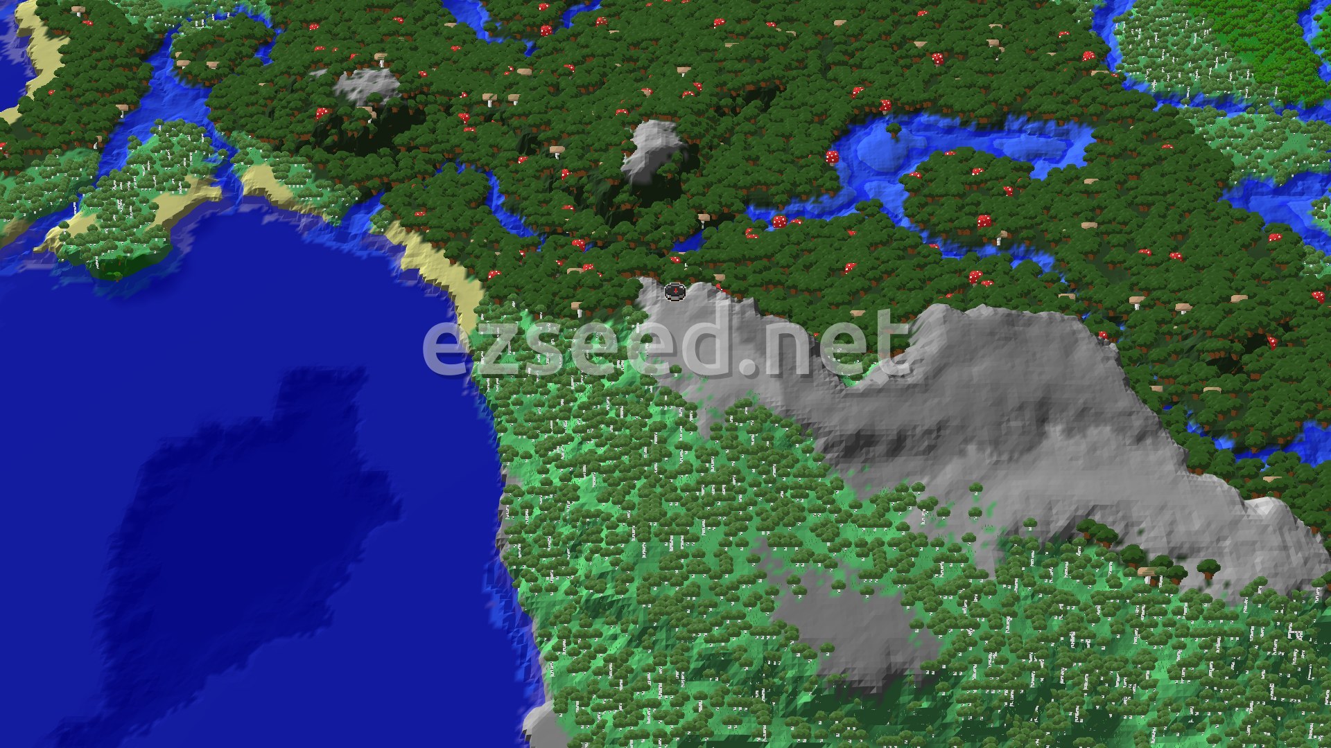A bird's-eye view of a varied landscape featuring dark green forests with red mushroom patches, lighter green birch forests, a wide blue ocean, and a winding river.