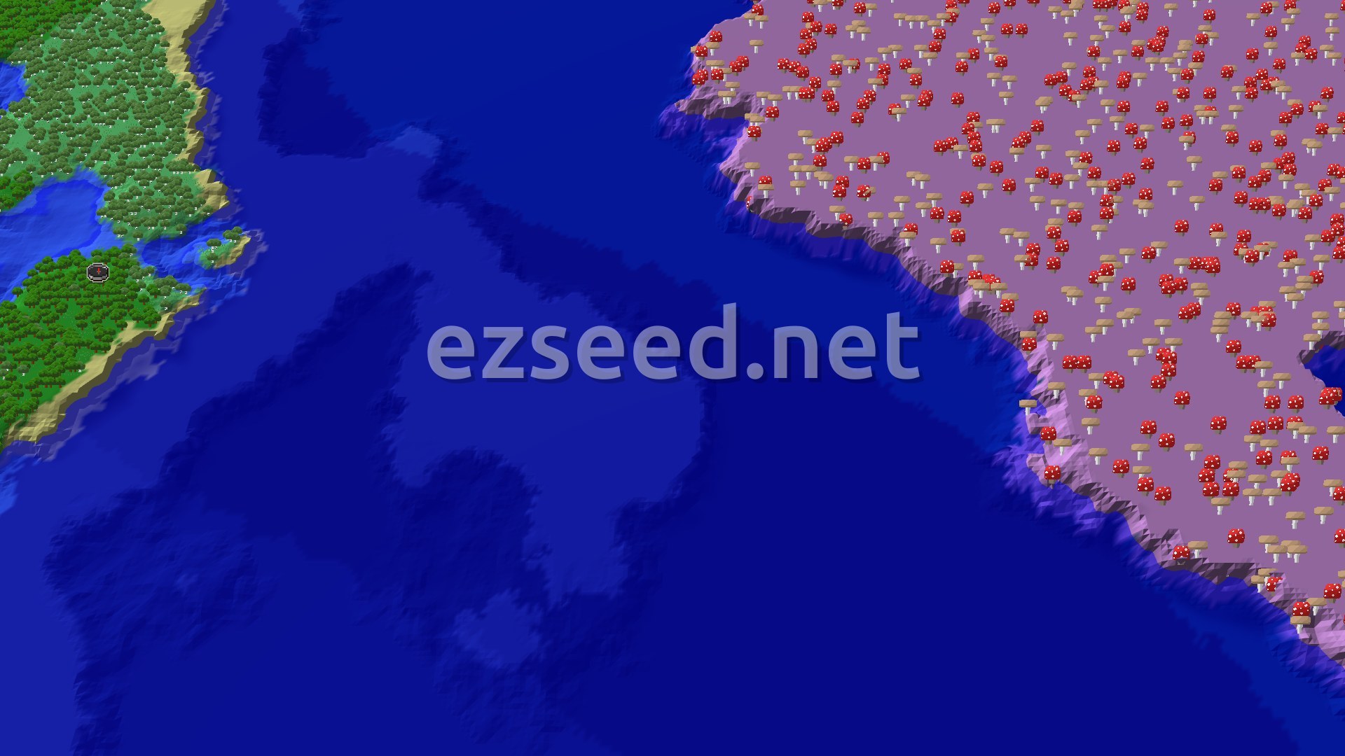 A 3D map view shows a green forested coastline with a spawn marker on the left, an expanse of deep blue ocean in the center, and a large purple Mushroom Fields biome covered in red and brown mushrooms on the right.