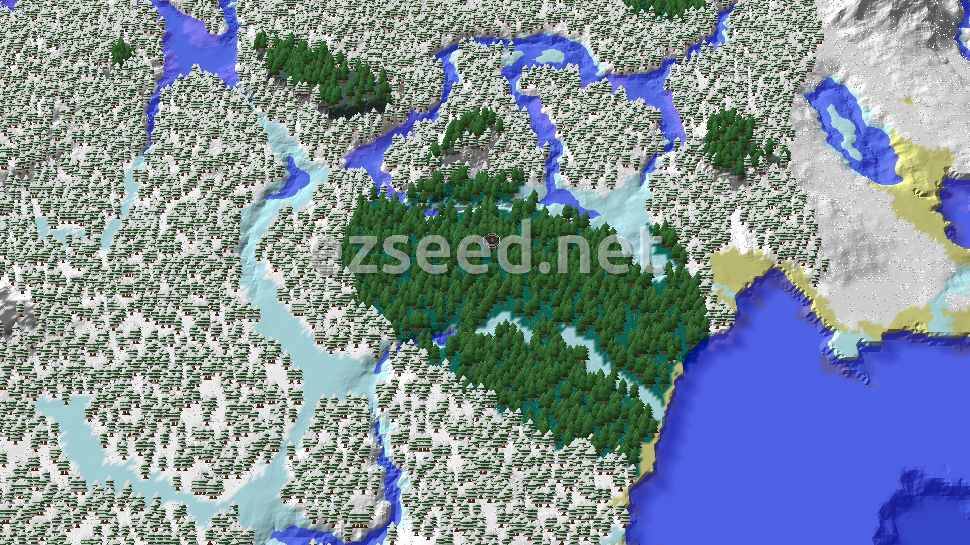 An overhead view of a snow-dusted Taiga forest around spawn, with a winding river and patches of snowy plains.