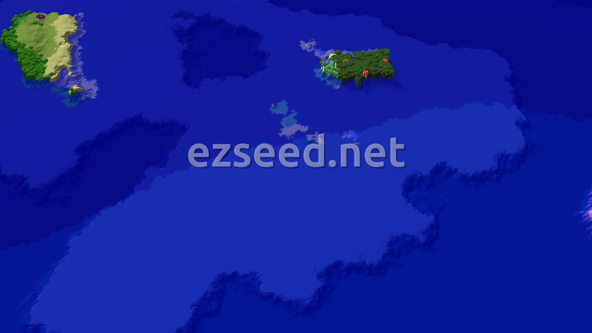 A small, hilly island with green plains and trees, surrounded by deep blue ocean. To the northeast, another smaller island with red-capped mushroom fields is visible.