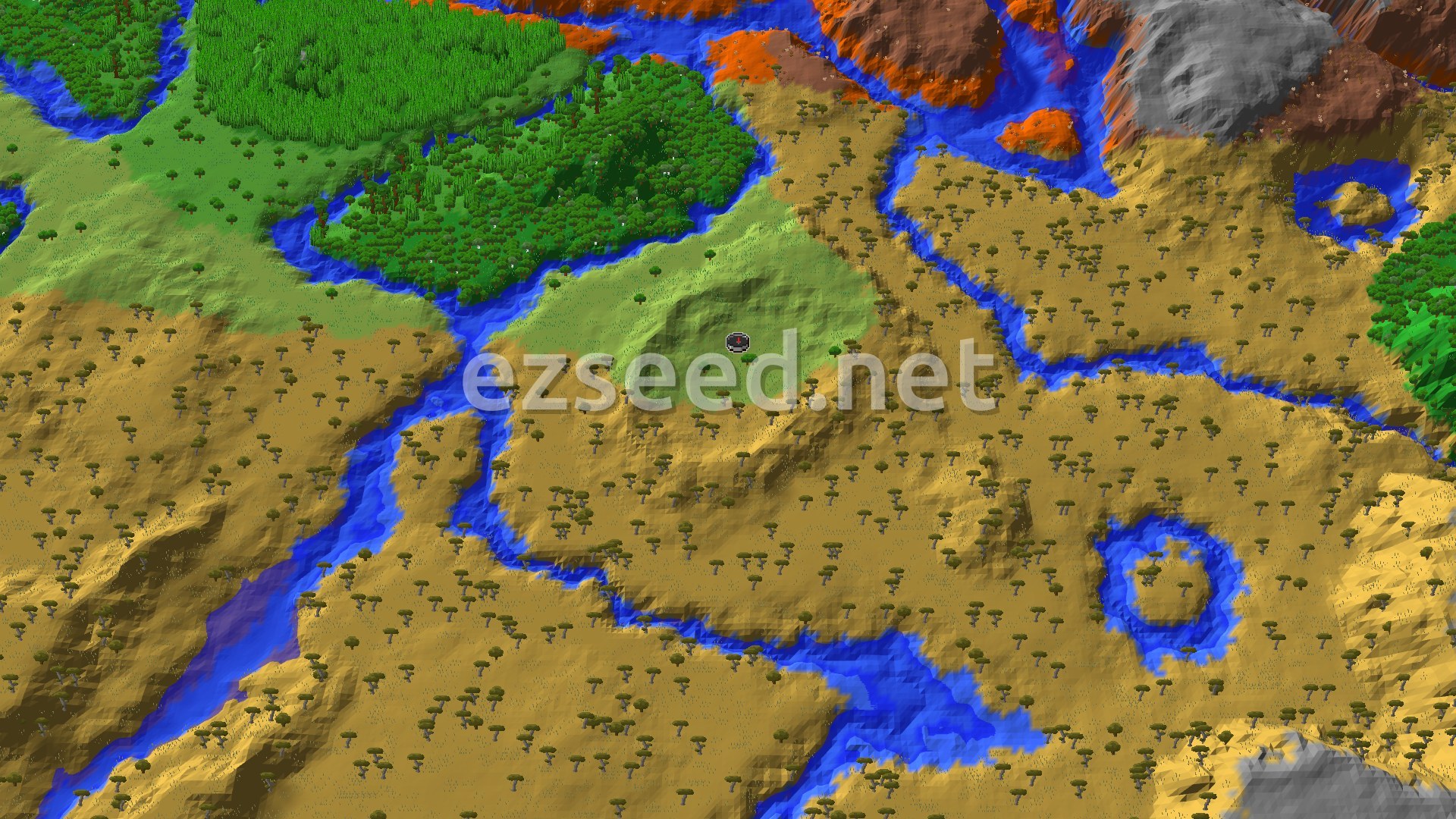 An overhead map view showing a light green plains biome at the center, surrounded by a large golden-brown savanna with many acacia trees, and a dense dark green forest to the north. Rivers wind through the landscape, and eroded badlands are visible in the distance.
