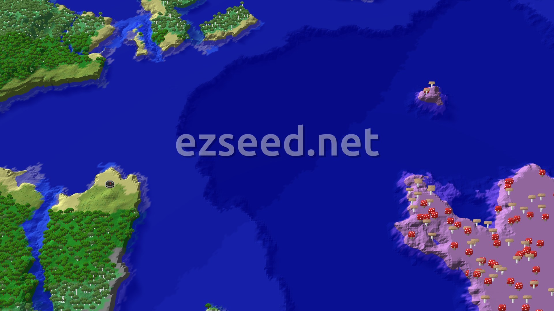 Aerial Minecraft seed map — Mushroom Fields Near Spawn, with Many Close Structures