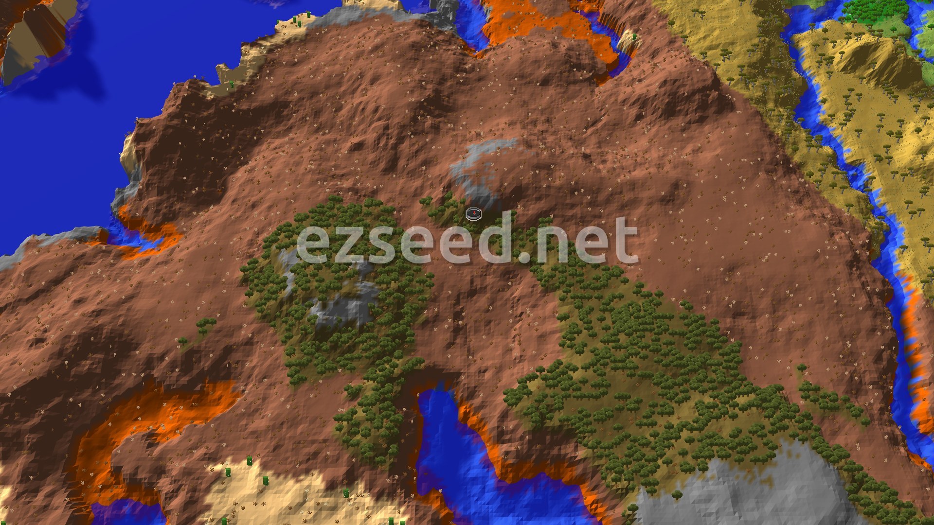 An aerial view of a mostly badlands biome, showing varied terrain, some green patches of trees, and bodies of water.