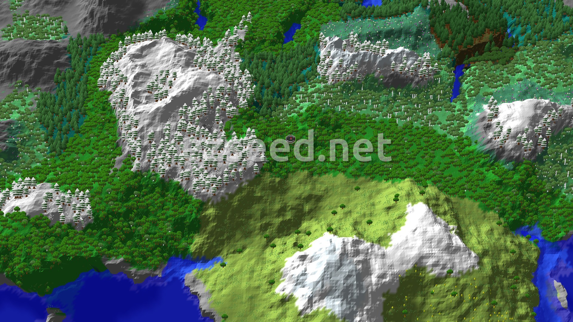 An aerial view of a varied landscape, showing dense green forests, some snowy mountain peaks, and patches of lighter green plains, with blue rivers and oceans in the distance.