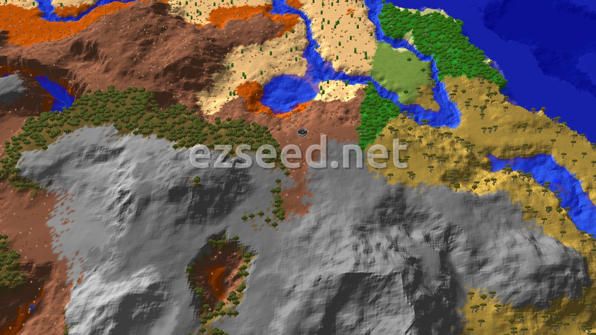 Aerial Minecraft seed map — Badlands Spawn with Nearby Ancient City