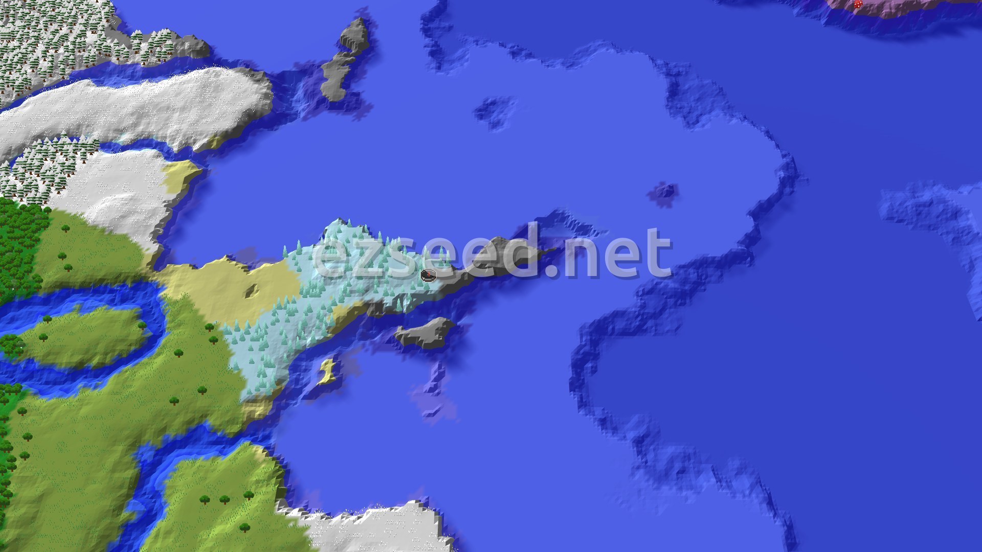 A 3D render of a Minecraft world, showing a vast frozen ocean with scattered ice spike formations near the center, bordered by snowy plains and taiga forests, with a small spawn marker visible.