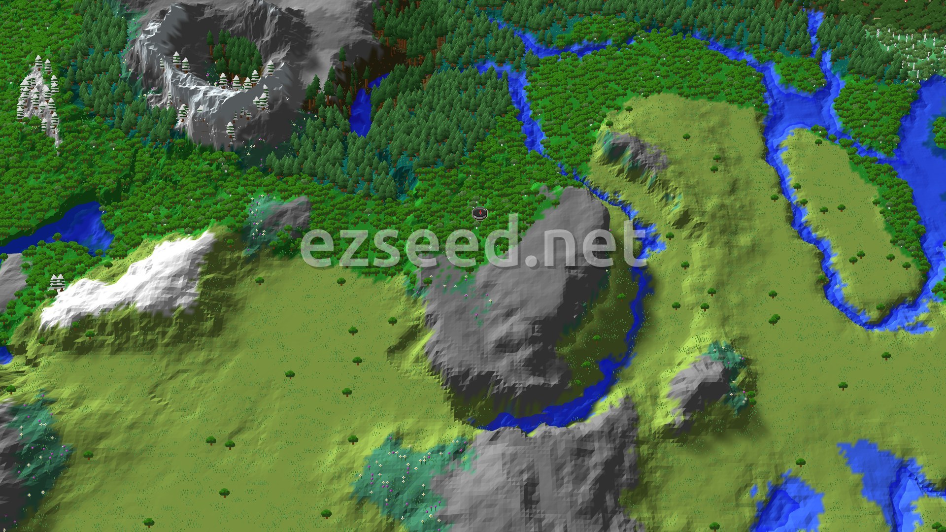 An overhead view of a forest with some rivers, and a large snowy mountain range in the distance.