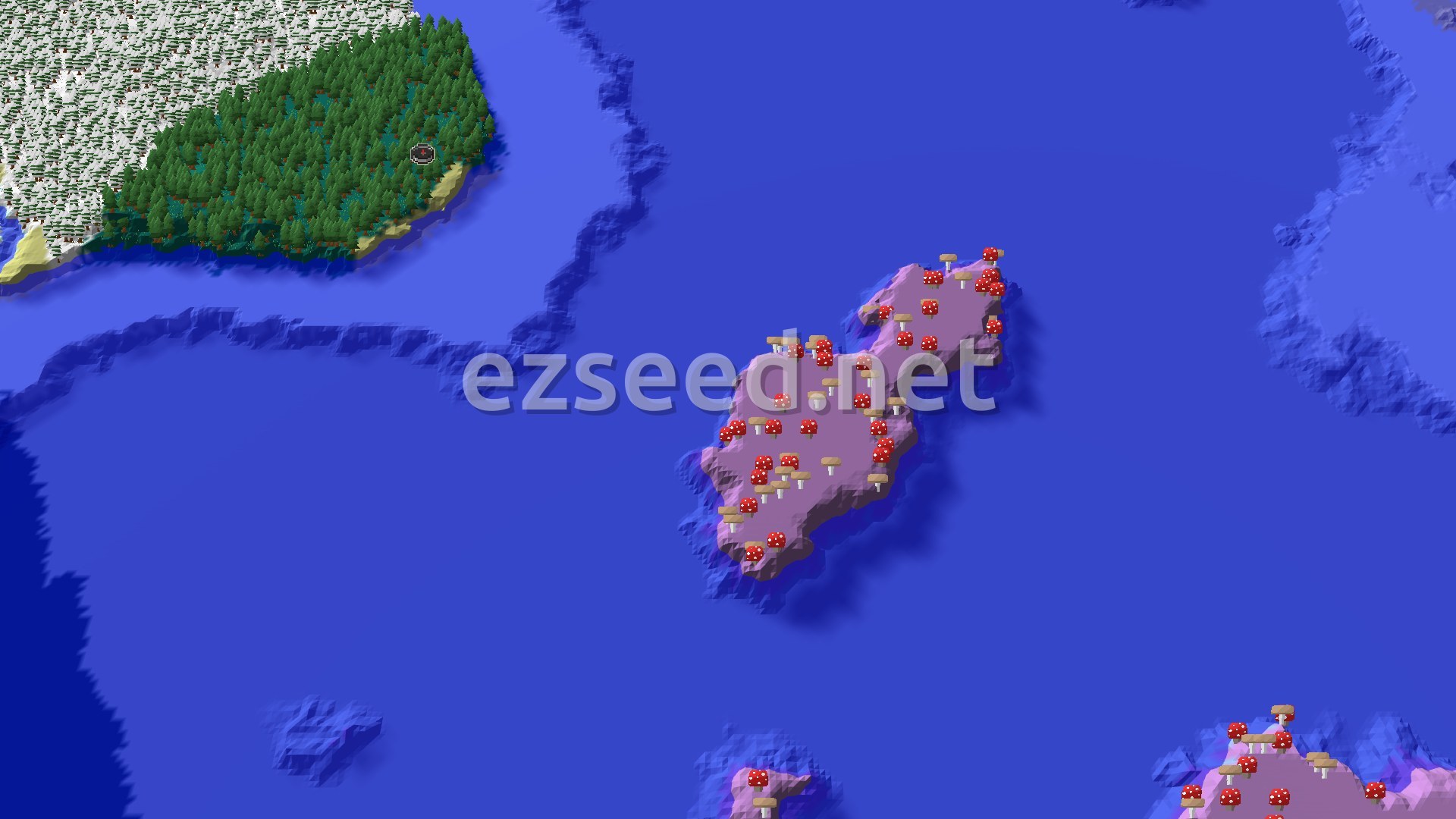 Aerial Minecraft seed map — Spawn Near a Mushroom Fields Island
