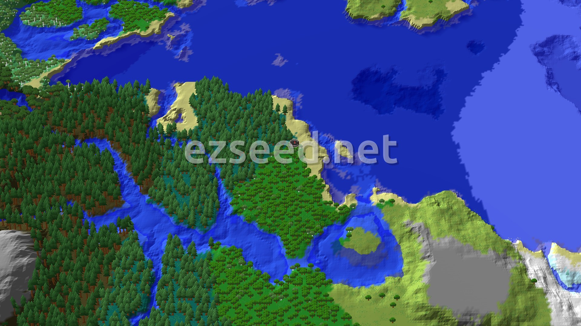 A dense forest with scattered hills and a body of water in the distance, viewed from above.