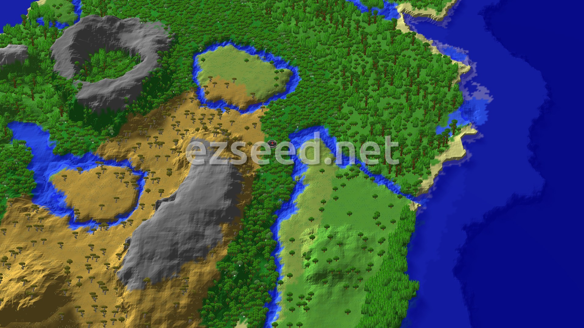 An overhead 3D view of a varied landscape, showing dense green forests, lighter green savanna and plains, a winding blue river, and a deep blue ocean with sandy beaches. A gray mountain range borders the savanna, and a small red spawn marker sits in a forest clearing.