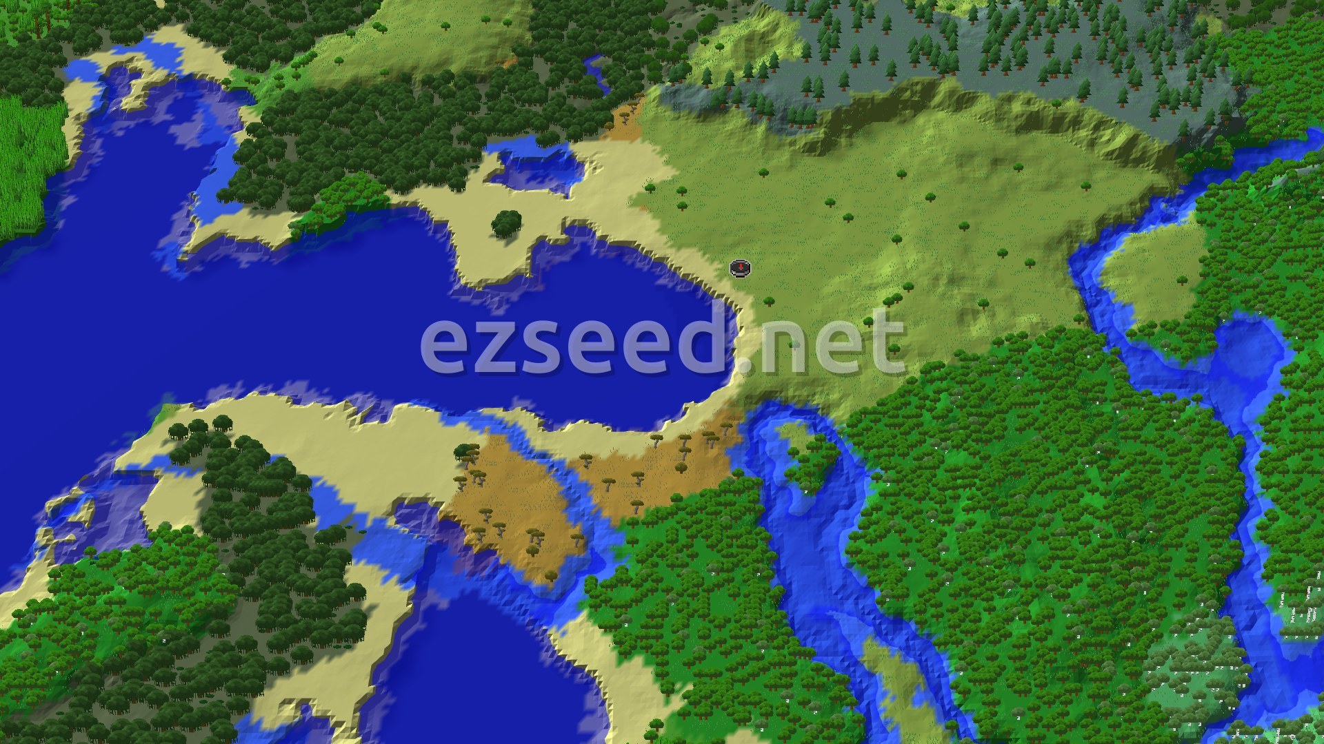 An overhead 3D view shows a mix of plains and forested hills, with a large body of water and several rivers cutting through the landscape. A small spawn marker is visible near the center.