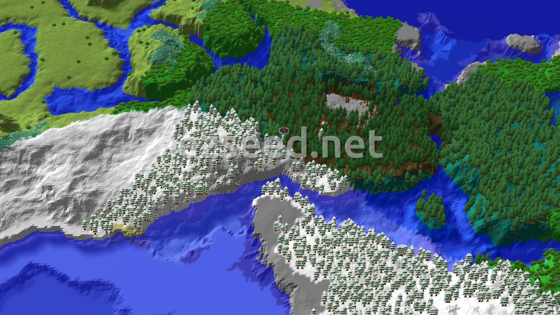 An aerial view of a Minecraft world, showing a vast forest of spruce trees bordering a snowy mountain range, with blue rivers and oceans visible.