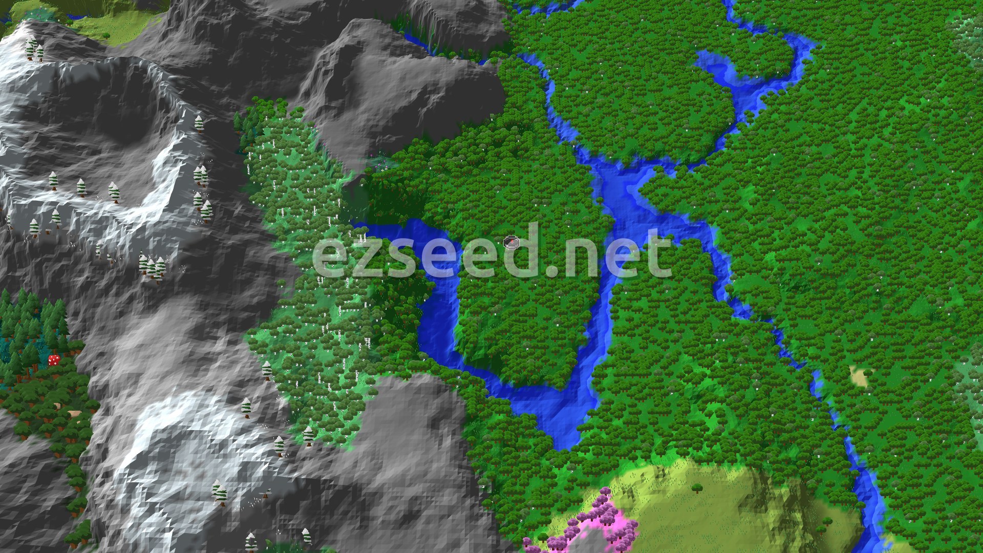 A 3D fly-over of a verdant valley at spawn, with a distinct ring of higher, forested ground and a mix of biomes.