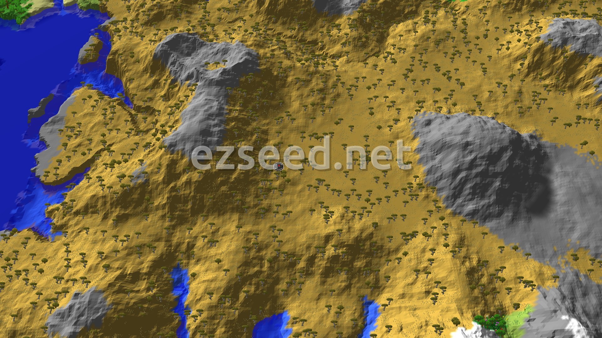 A 3D fly-over of a Savanna biome with acacia trees, rolling hills, and some grey stony peaks, with blue water visible to the west and south, and a small spawn marker in the center.