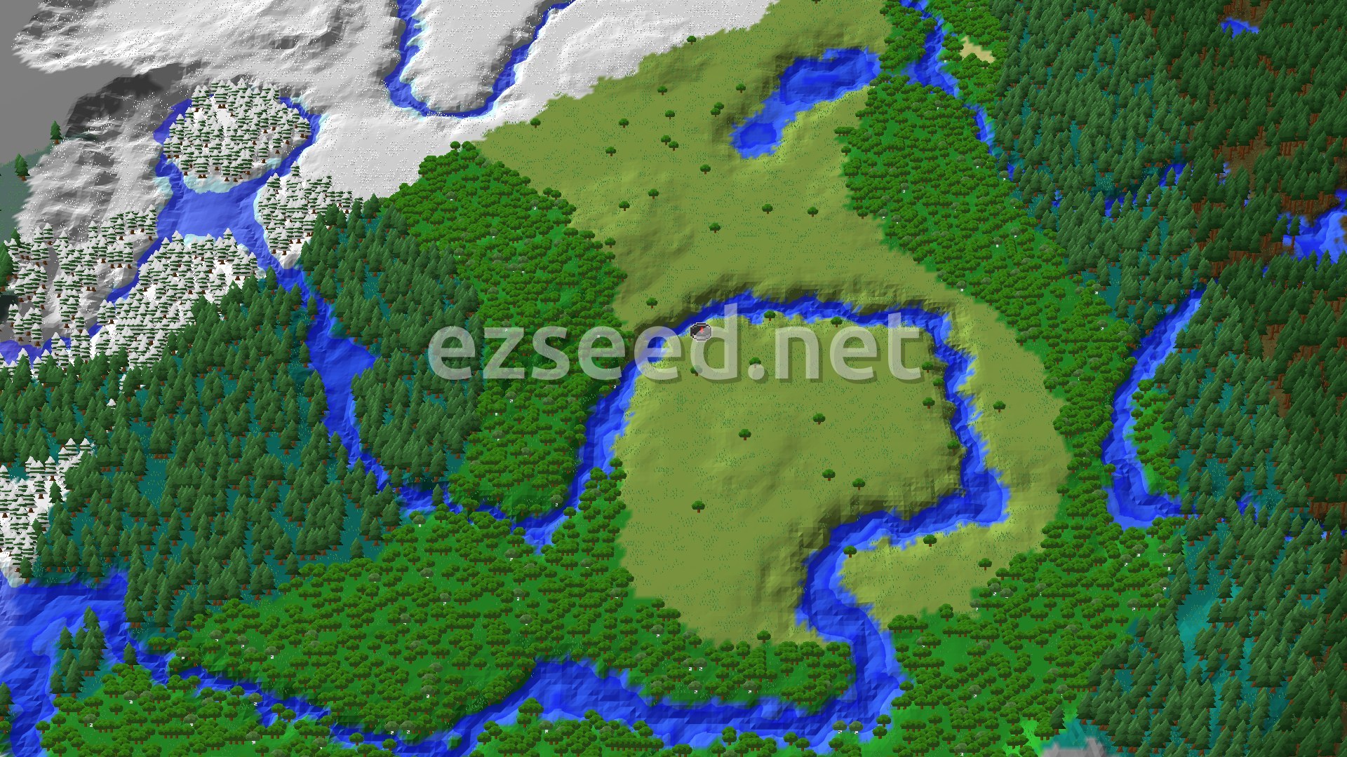 Aerial Minecraft seed map — Village and Taiga Biomes Near Spawn