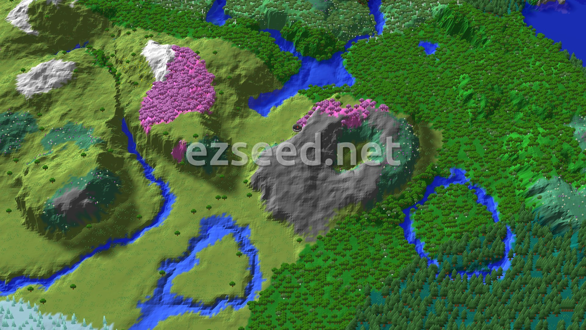 Aerial Minecraft seed map — Spawn Near a Cherry Grove and Abandoned Village
