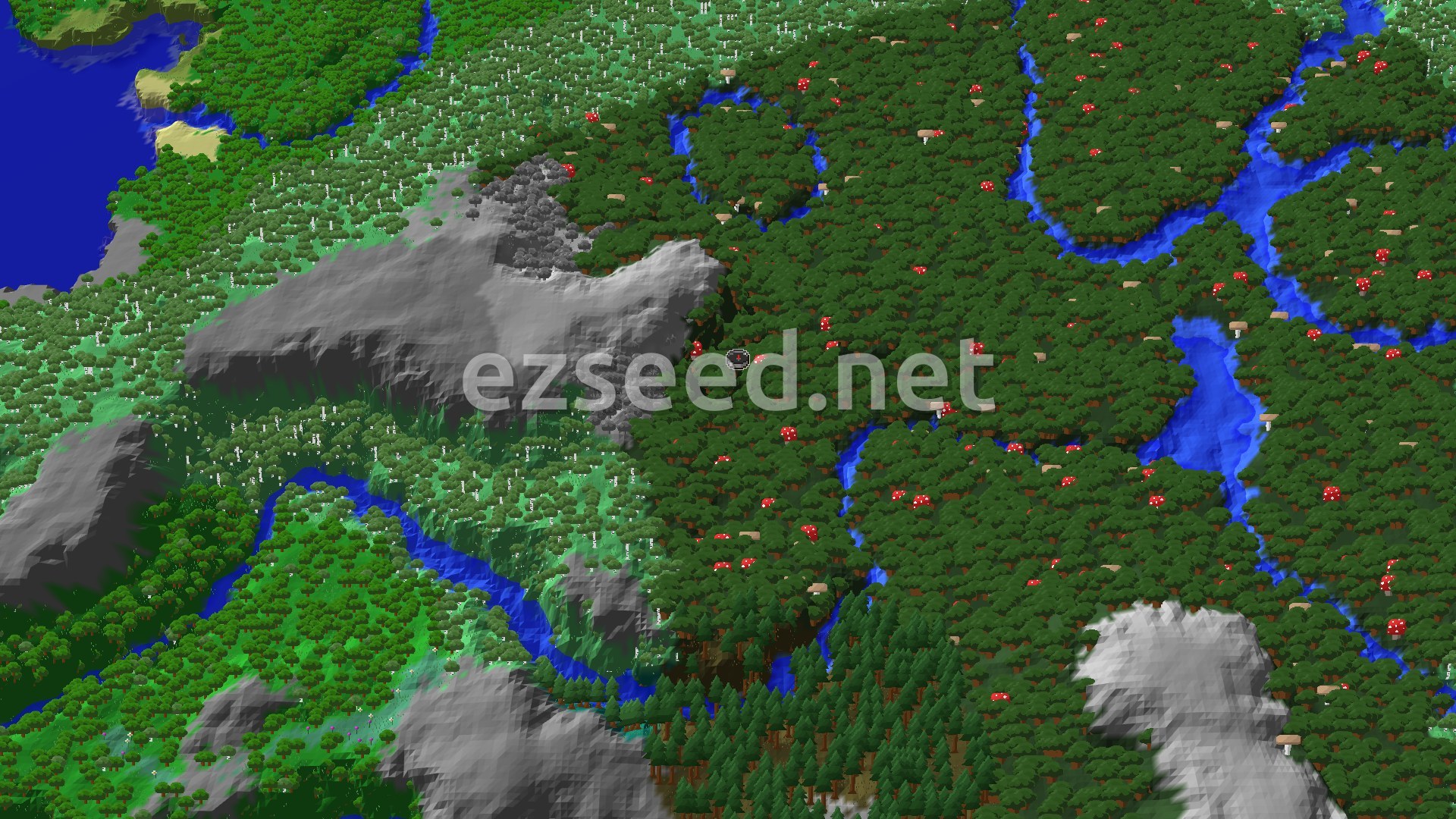 An aerial view of a dense, dark forest with scattered red mushrooms, winding blue rivers, and some grey mountainous terrain.