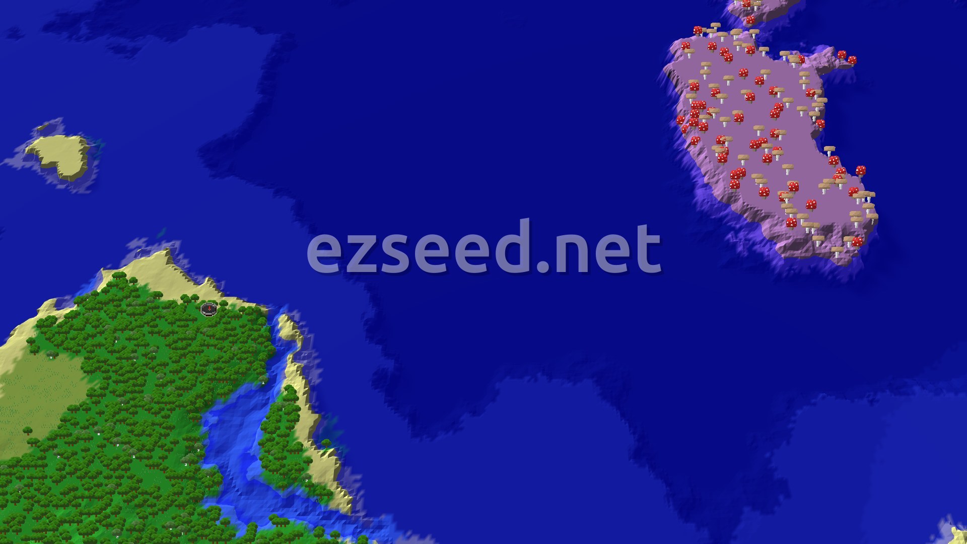 A bird's eye view of a forested coastline with a small spawn marker, facing a large Mushroom Fields island across a deep blue ocean.