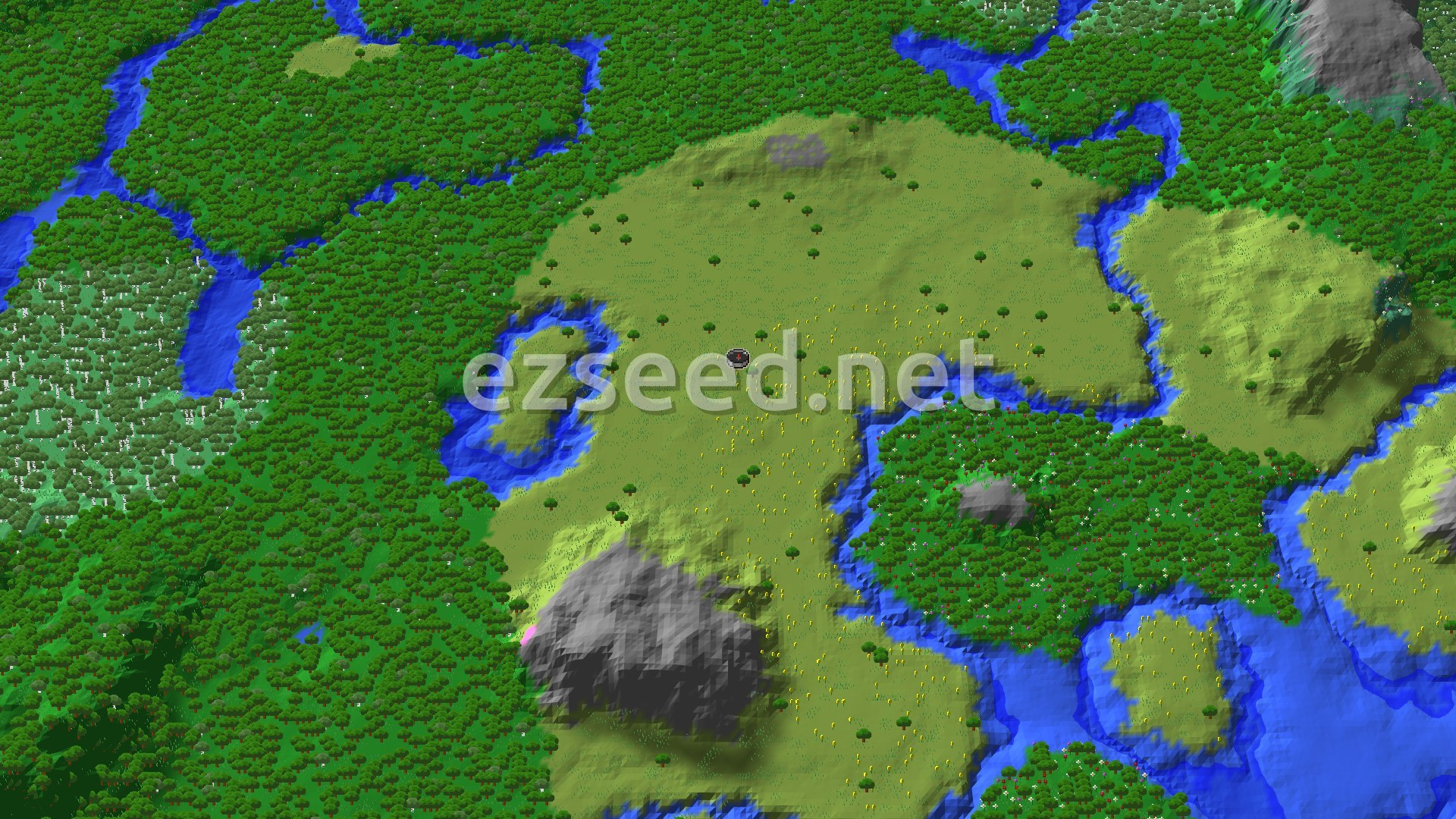 An aerial view of a mostly flat, green landscape with a winding river, bordered by forests and a small grey mountain. The spawn marker is in the center of a sunflower plains.