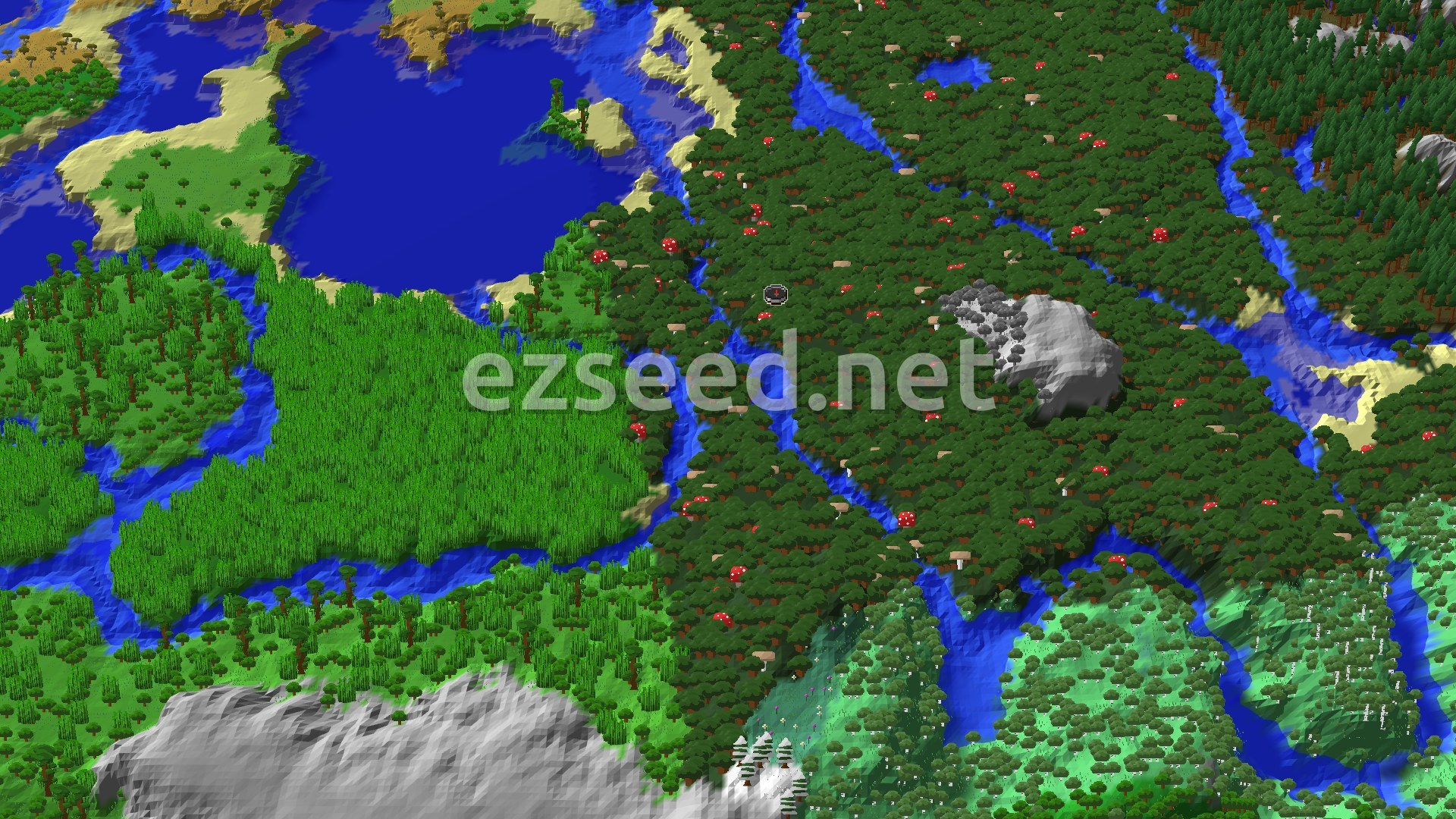 A dense Dark Forest biome with tall, dark oak trees and red mushrooms at the center, surrounded by rivers, a large body of water, and lighter green biomes in the distance, with a small grey mountain to the east.