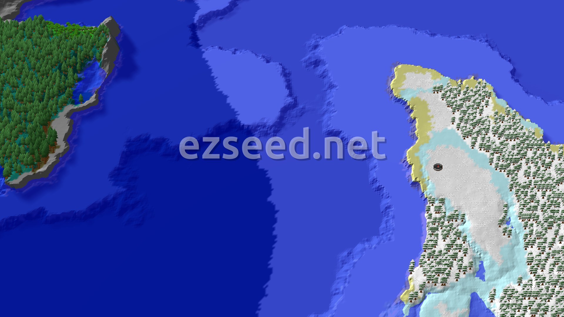 A 3D overhead view shows a snowy plains biome with scattered trees, bordered by frozen ocean to the east and south, and a dense green forest biome across the water to the west. A small spawn marker indicates the starting location on the snowy landmass.