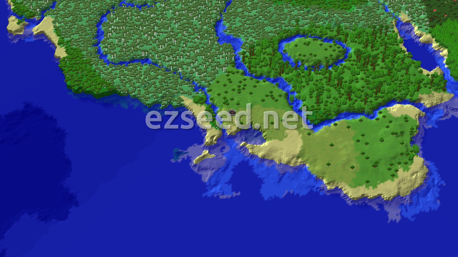 A 3D render of the world from above, centered on the spawn point. A river winds through forests and plains, meeting an ocean with beaches and small islands. The terrain is mostly flat with some gentle hills.