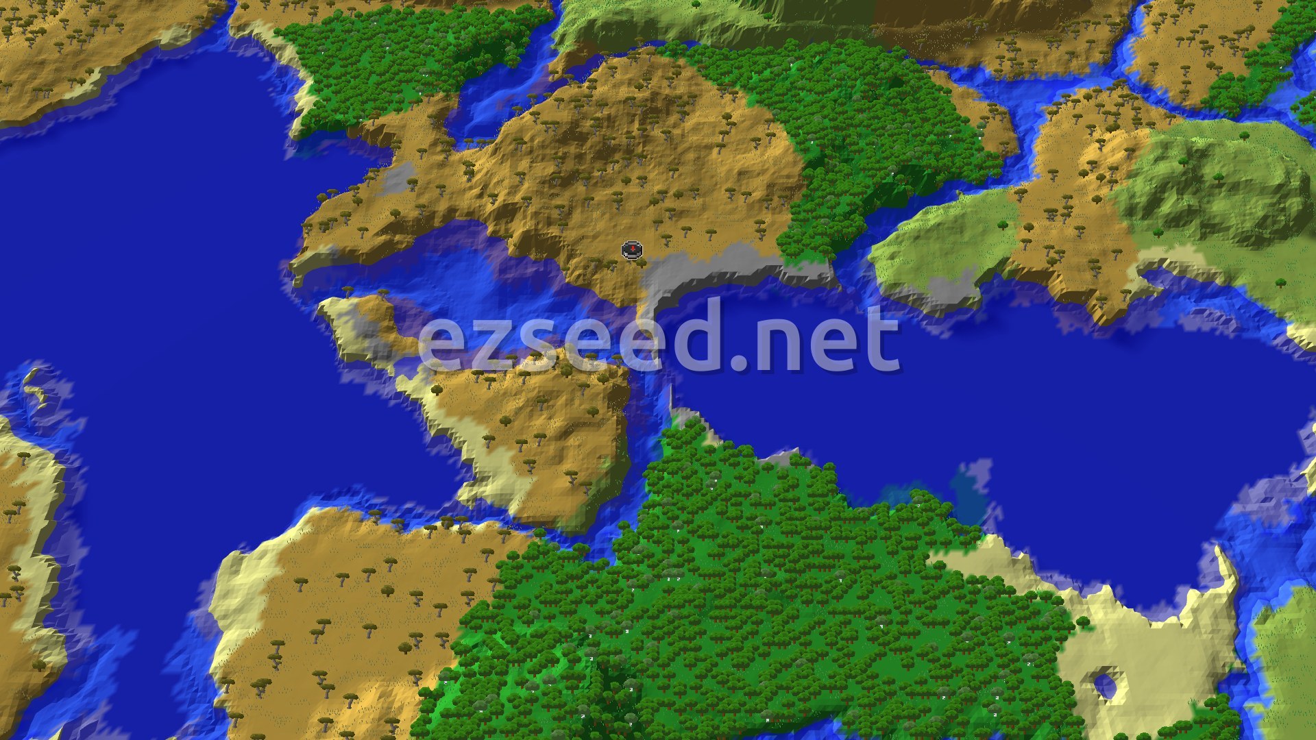 An aerial view shows a large savanna biome with scattered acacia trees at the center, surrounded by water and patches of forest and plains. A small spawn marker is visible in the savanna.