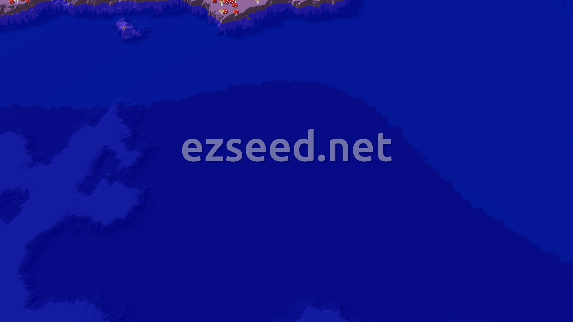 A 3D fly-over shows a small landmass covered in birch trees, with a large blue ocean dominating the foreground and middle ground. A few red mushroom-like dots are visible on the distant shore.