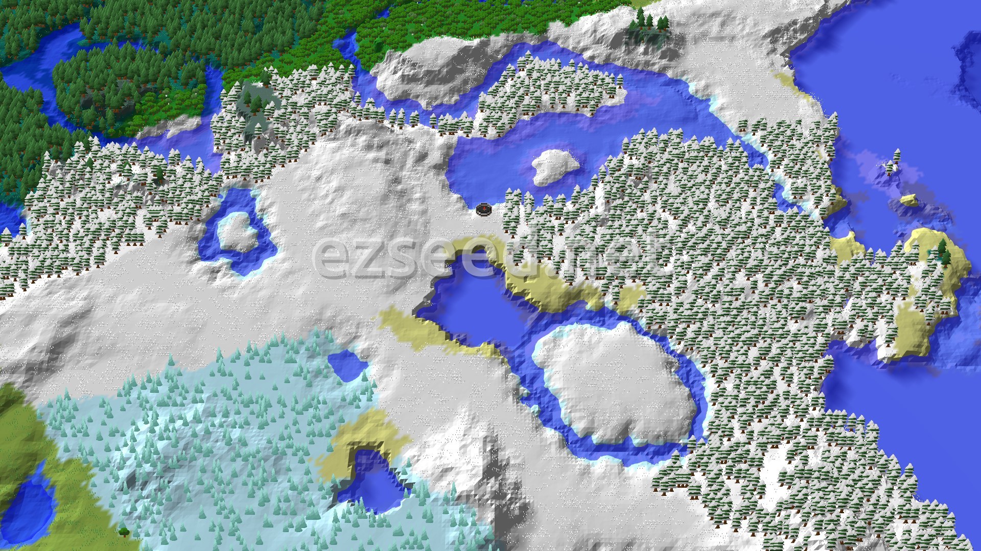 A 3D fly-over of a snowy plains landscape with scattered snowy taiga trees and frozen rivers, with a subtle spawn marker at the center.