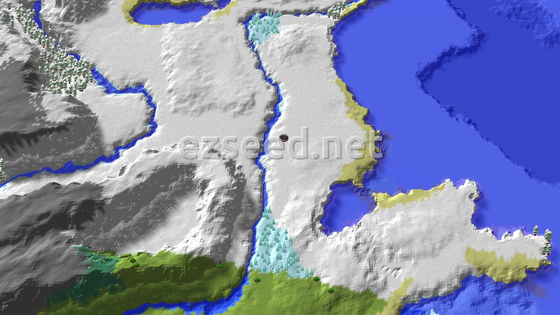 A 3D fly-over of a snow-covered landscape with a river running through it, some scattered trees, and a vast frozen ocean to the east. A small spawn marker is visible at the center.