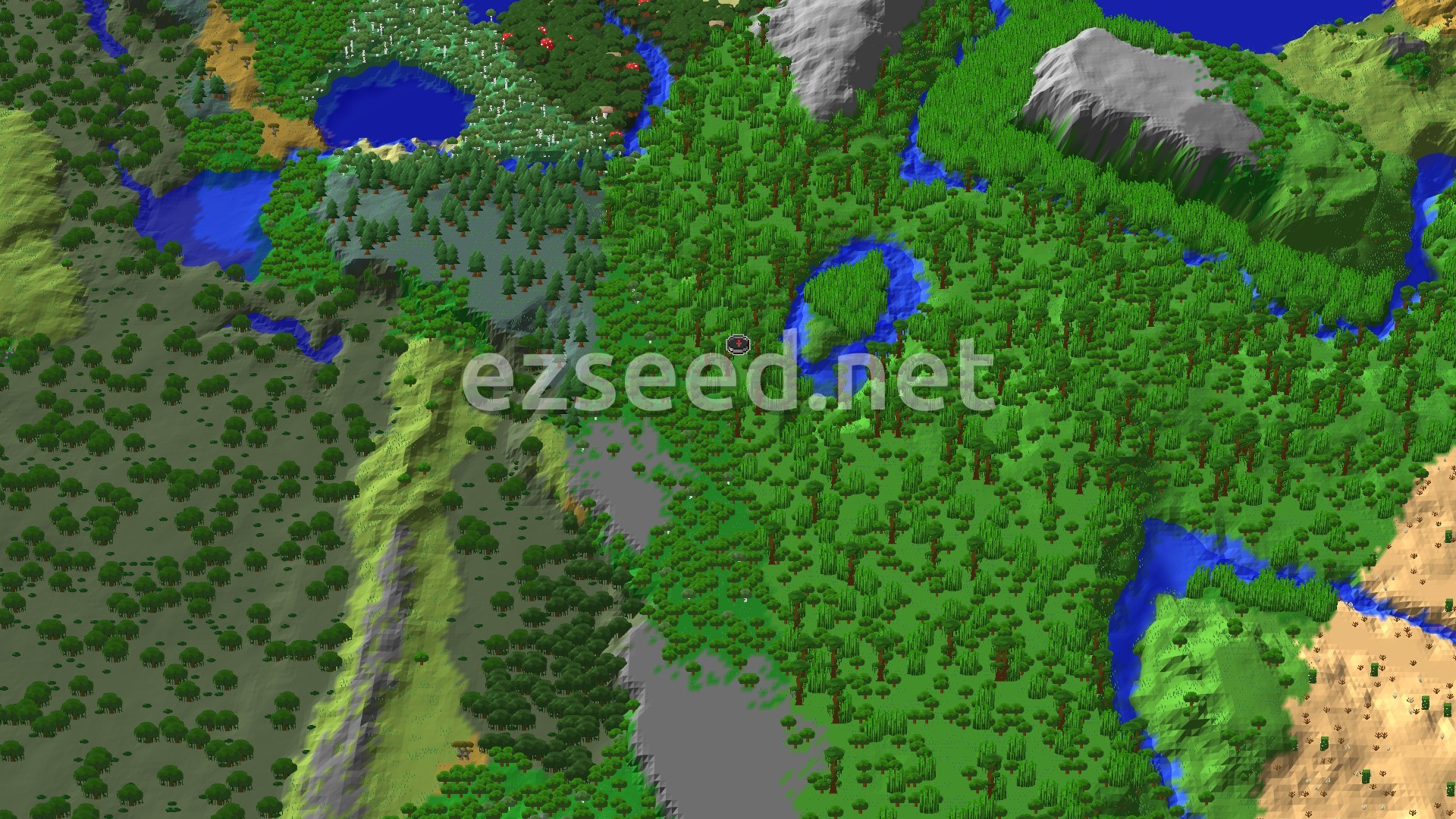 An aerial view of a dense green jungle, with a winding river and some open water bodies, surrounded by varied terrain including hills and plains.