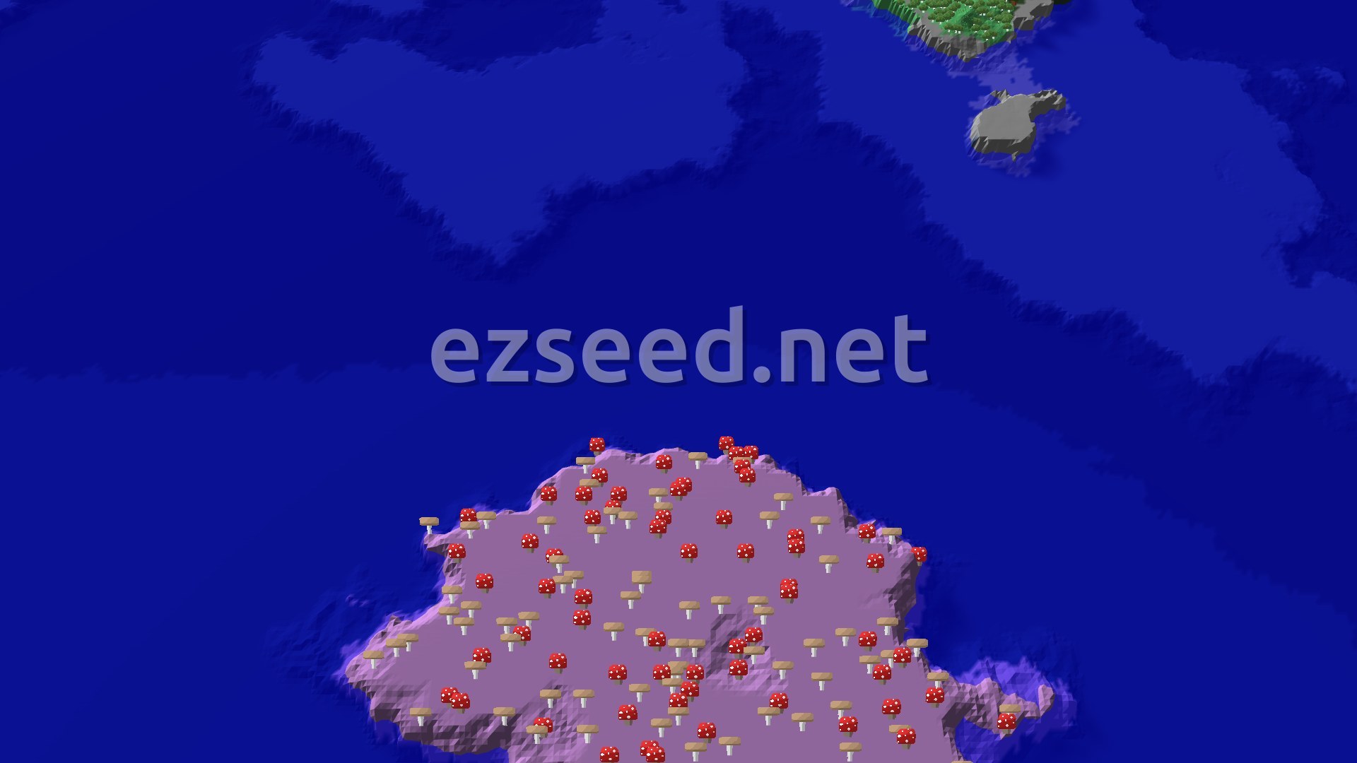 A 3D overhead view of a large ocean surrounding a Mushroom Fields island, with a smaller island further north.