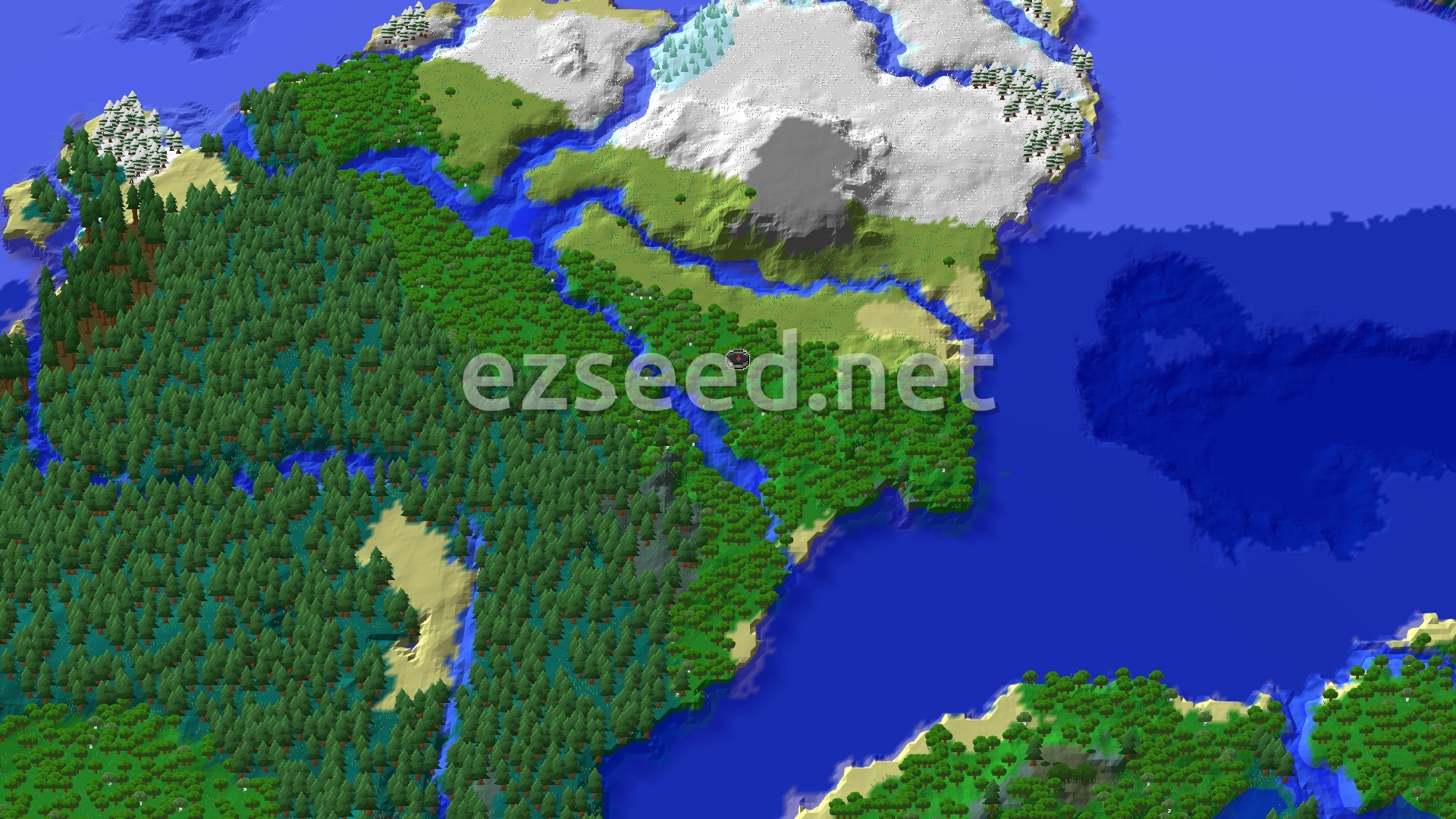 An aerial view of a mostly forested spawn area, with a winding river, some plains, and snowy mountains in the distance, all bordering a large ocean.