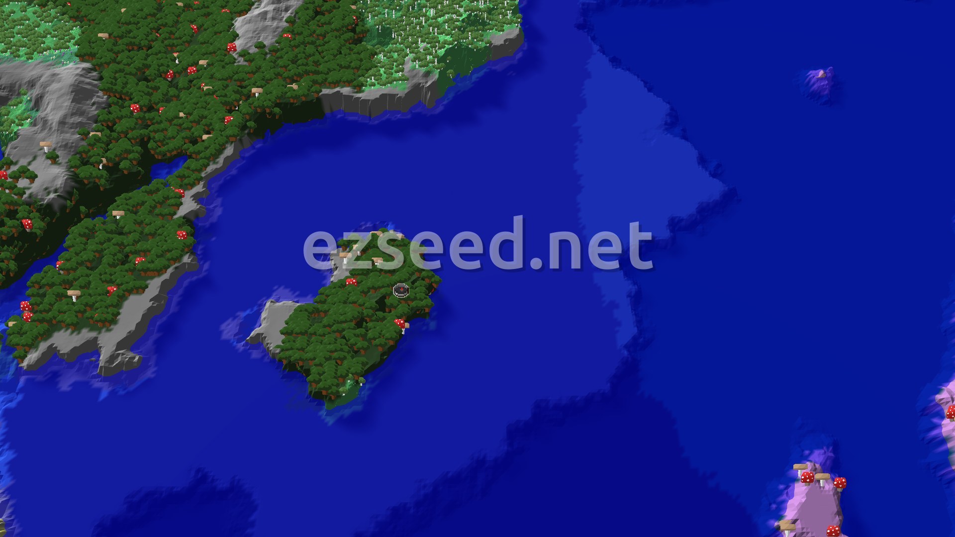 Aerial Minecraft seed map — Spawn in a Dark Forest with a nearby Ocean Monument
