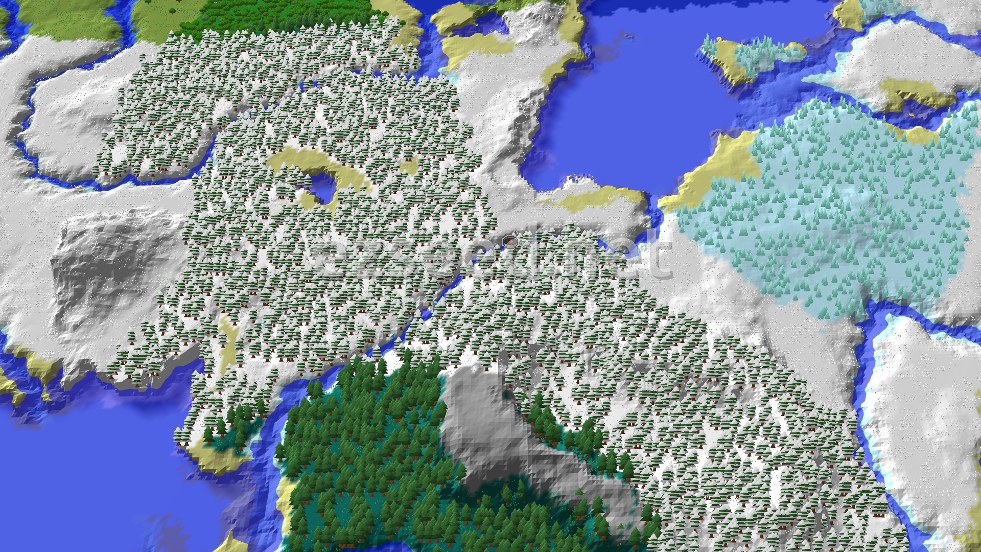 An overhead view of a snow-covered landscape, dominated by a vast snowy taiga forest with many spruce trees. Patches of frozen ocean and frozen rivers are visible, along with some lighter green trees in a different biome.