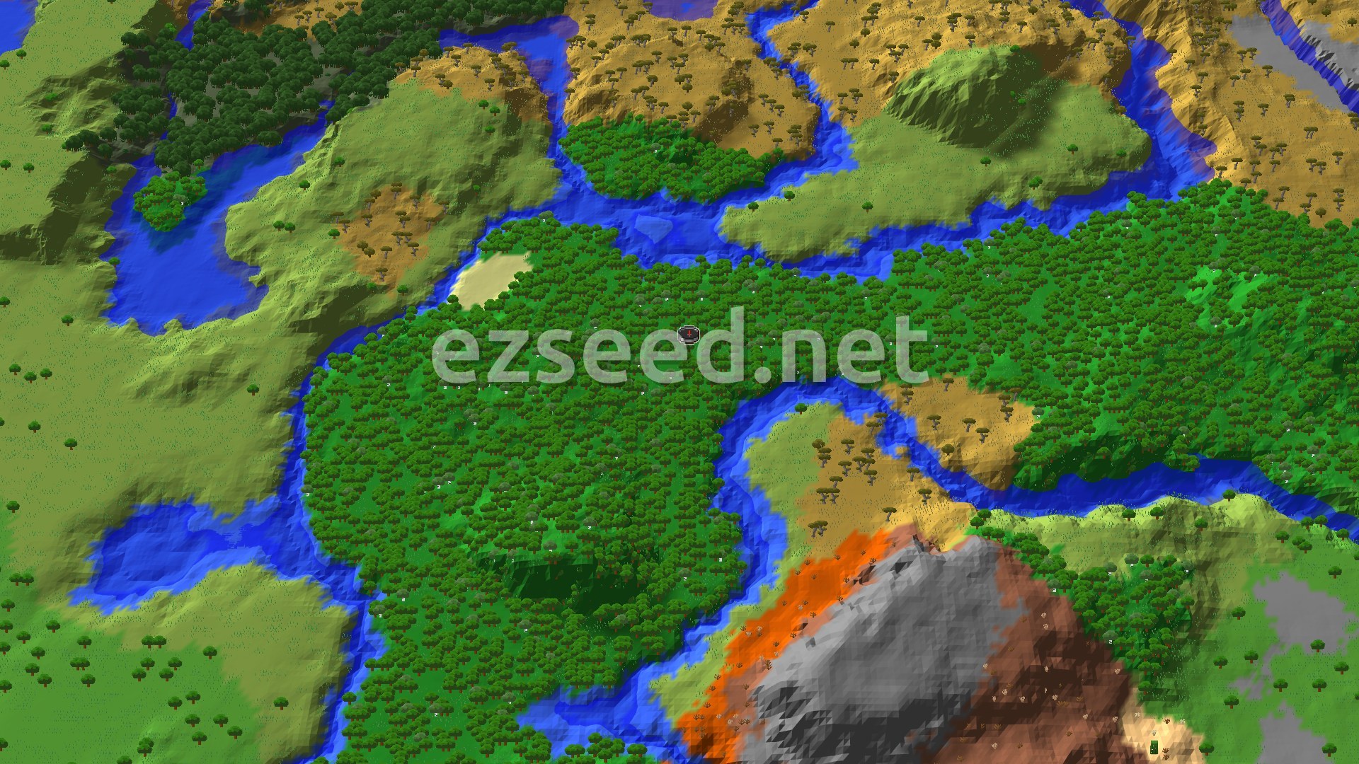 An overhead 3D view of a Minecraft world showing a dense forest at the center, surrounded by winding rivers, areas of savanna, and a patch of badlands terrain. A small red marker indicates the spawn point within the forest.