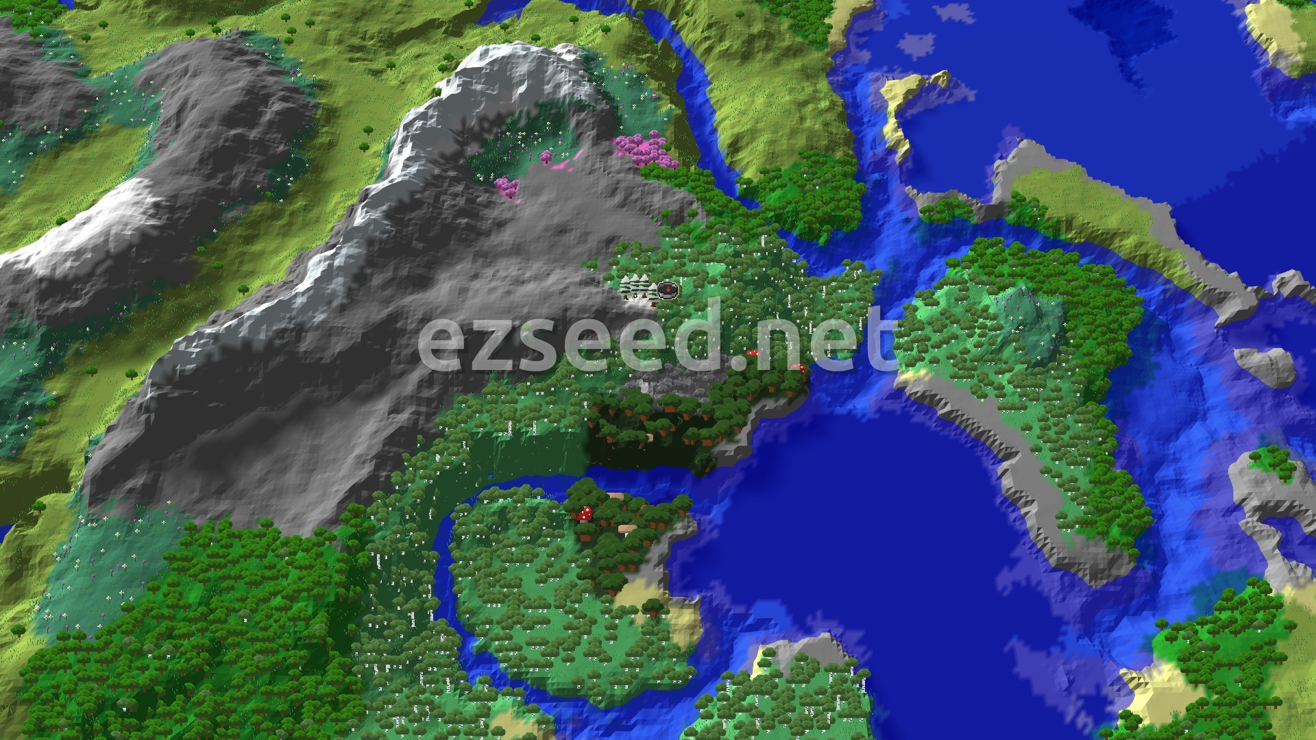 Aerial Minecraft seed map — Ancient City Near Snowy Peaks and a Cherry Grove