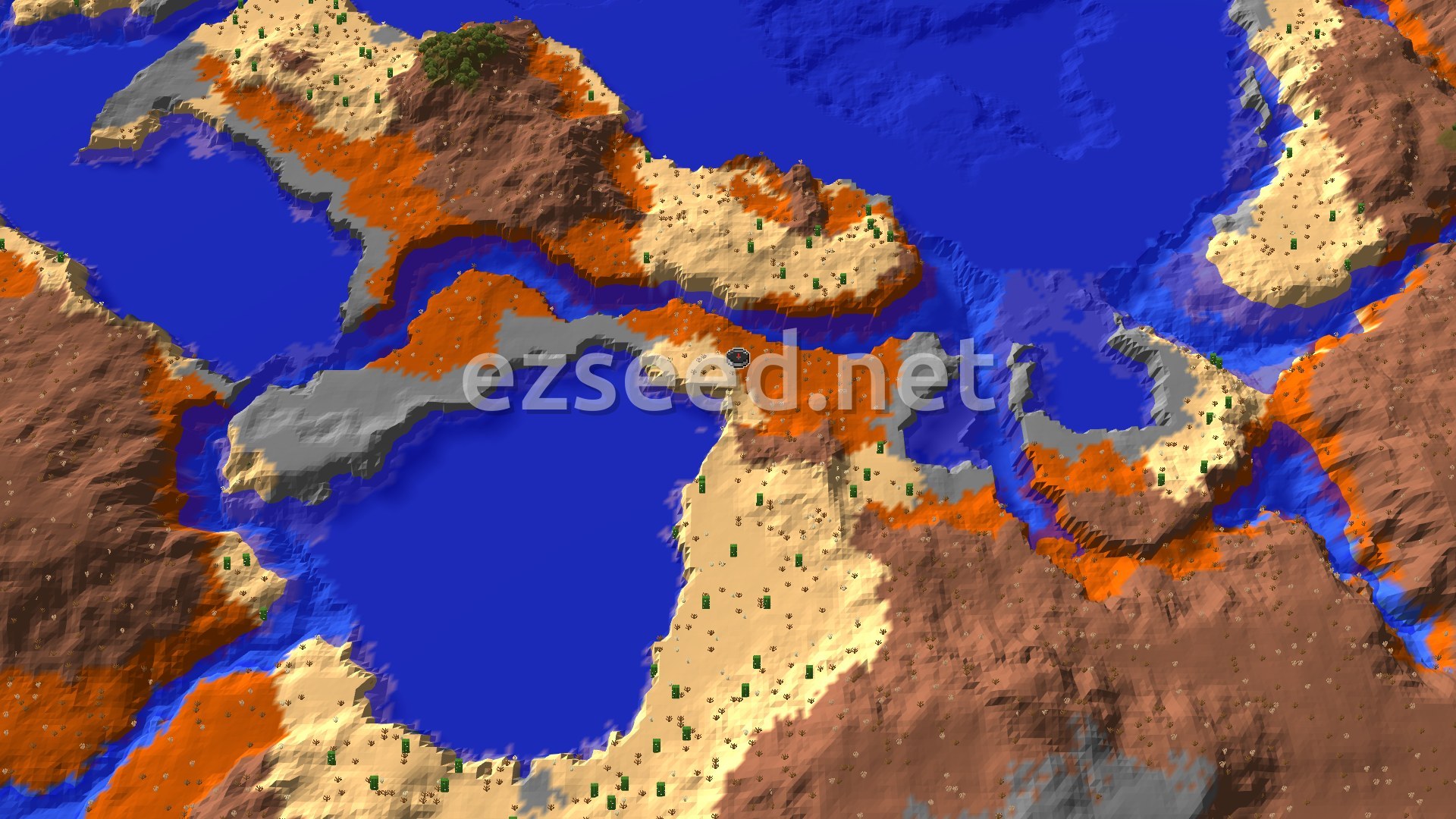 An overhead view of a desert and badlands landscape, with a large body of warm ocean water and a river snaking through the terrain.