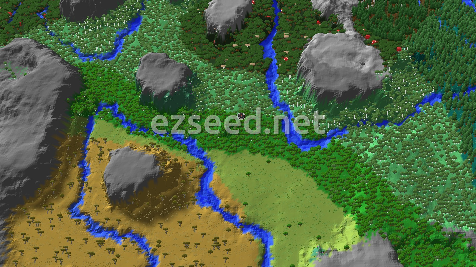 An aerial view of diverse biomes: lush green forests, winding blue rivers, and a savanna with scattered trees, all nestled between grey mountains.