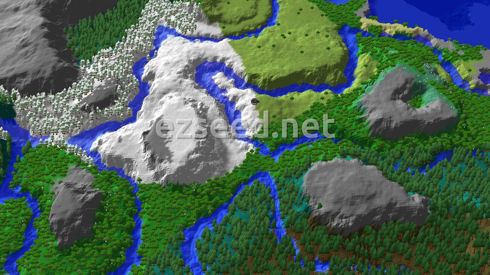 An overhead view of a snowy mountainous region with a winding river, bordered by green forests and some exposed stone peaks.