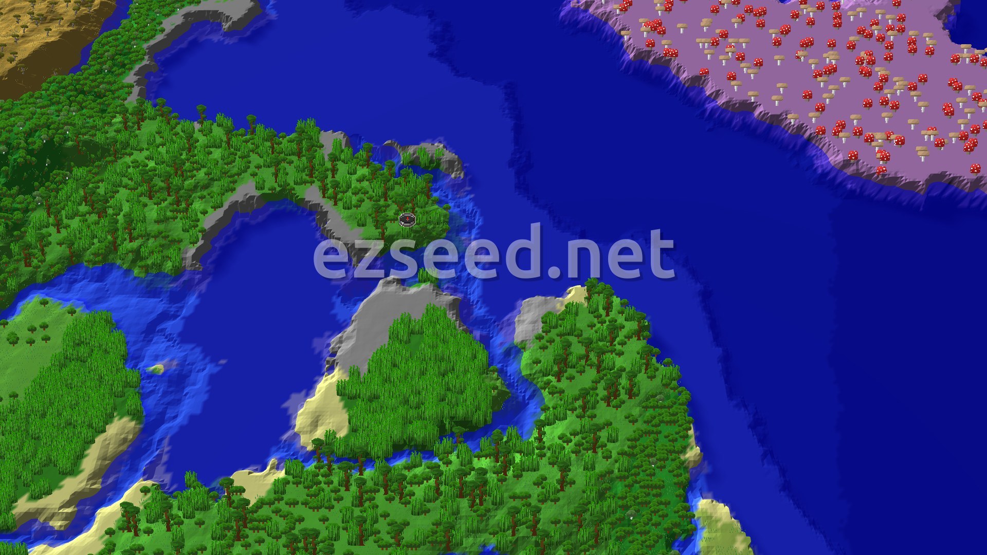 An aerial view of a dense green jungle island surrounded by blue ocean, with a distinct purple mushroom field island in the distance.