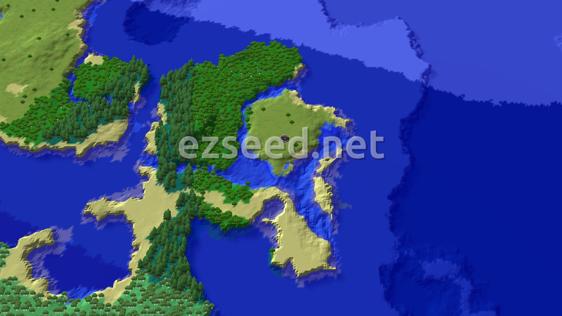 An aerial view of a landmass surrounded by ocean, with a mix of forests, plains, and beaches. A small spawn marker is visible in a plains area.