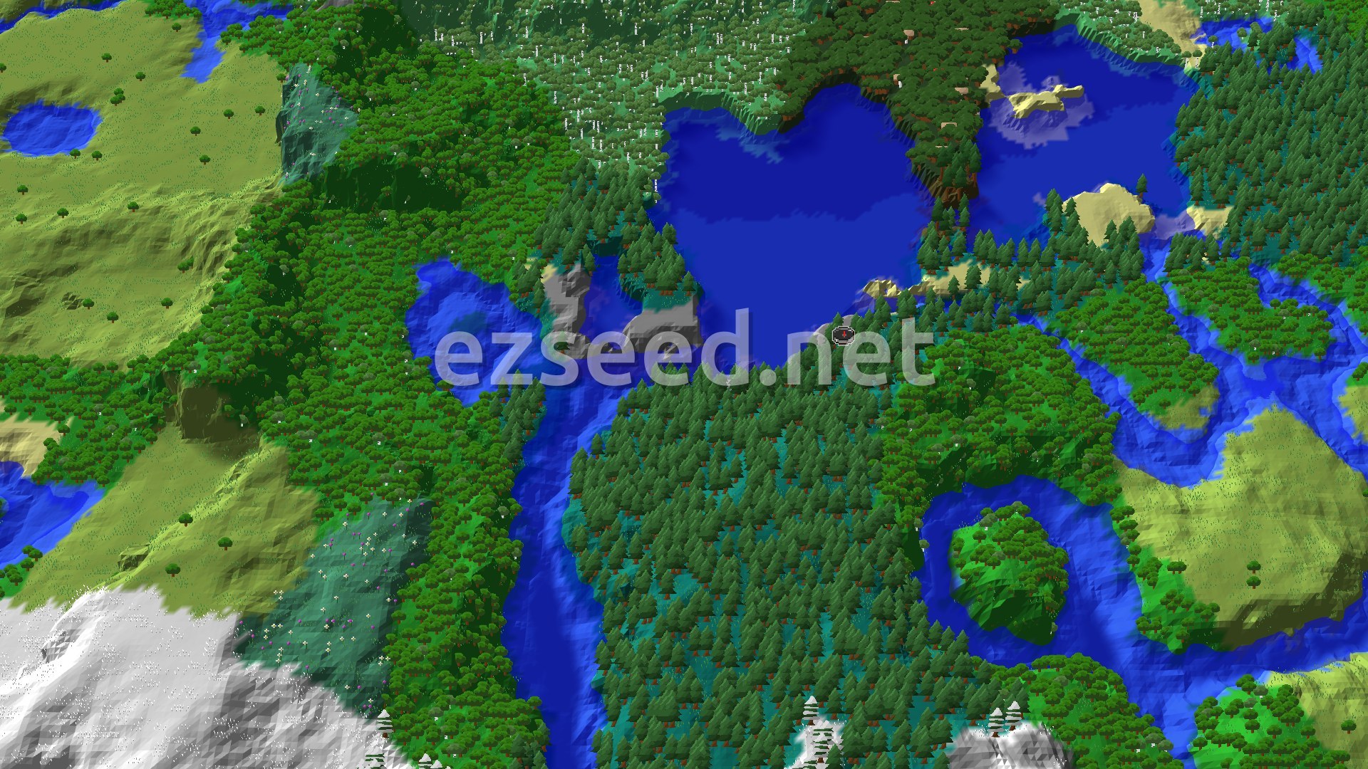 Aerial Minecraft seed map — Taiga Spawn with Nearby Trail Ruins and Village