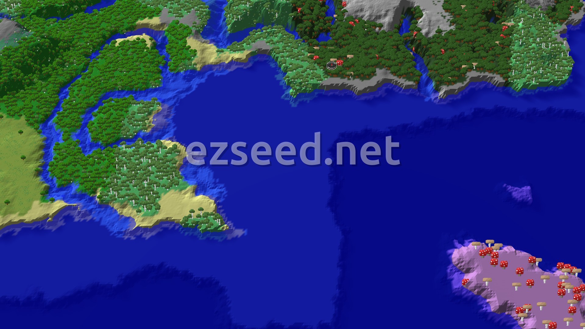 A 3D overhead view of a diverse landscape featuring dark forests, birch forests, sandy beaches, and large bodies of water with a distinct mushroom fields island offshore.