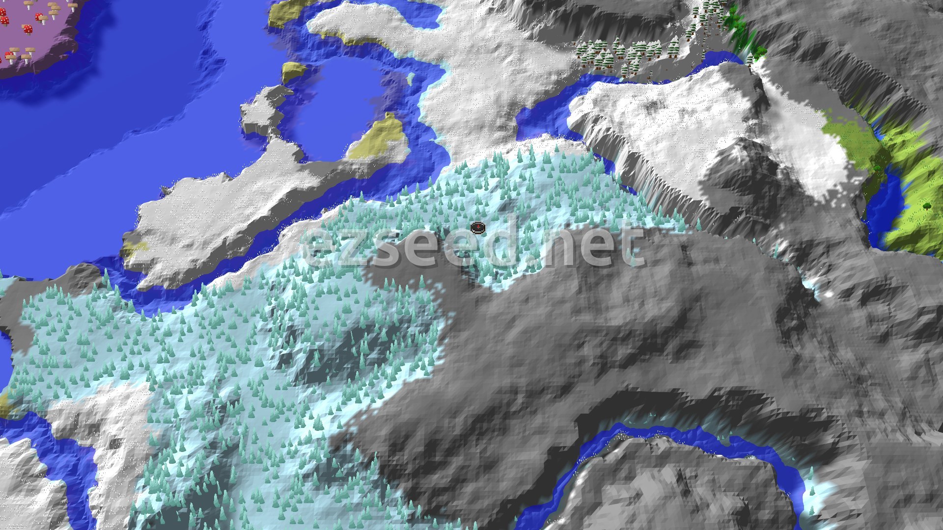 An overhead view of a snow-covered landscape, featuring a large area of ice spikes and snowy plains, with some dark grey mountains and blue water bodies. A small spawn marker sits in the center of the ice spikes.