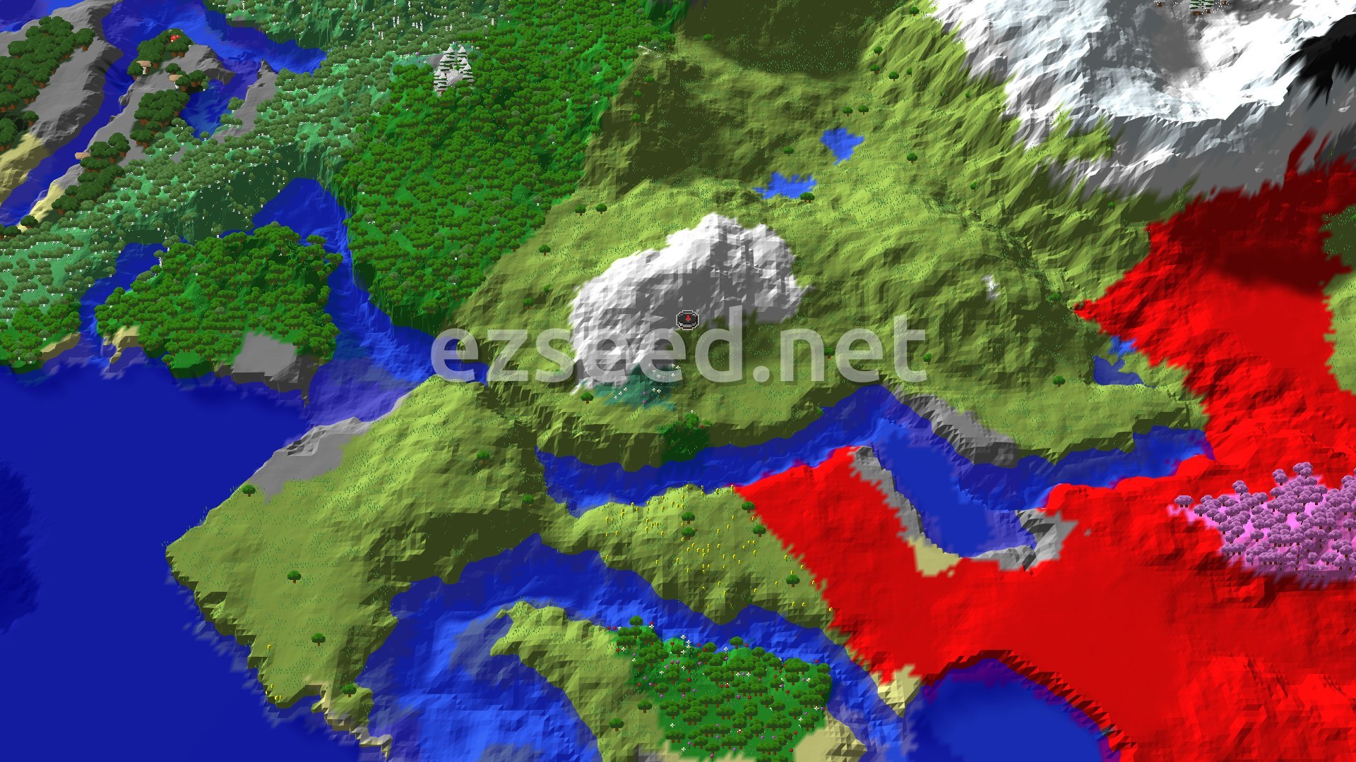 An overhead view of a diverse landscape featuring plains, rolling hills, and patches of various forests, with a small marker at the center indicating the spawn location.