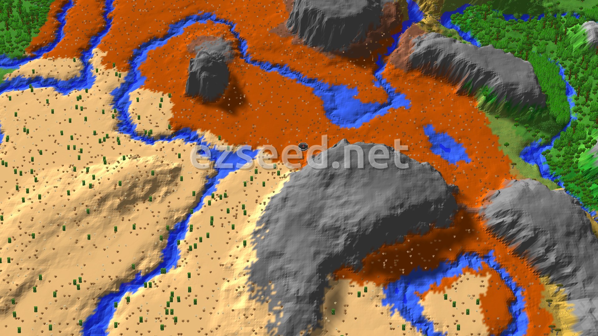 A 3D fly-over of the seed's spawn area, showing a mix of red badlands, sandy desert, and green forests, with blue rivers winding through the landscape.